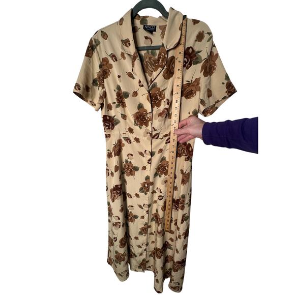 NY&CO Vintage 10 Silk Floral Button Front Midi Dress Short Sleeve Brown Tan EC! - Picture 5 of 5
